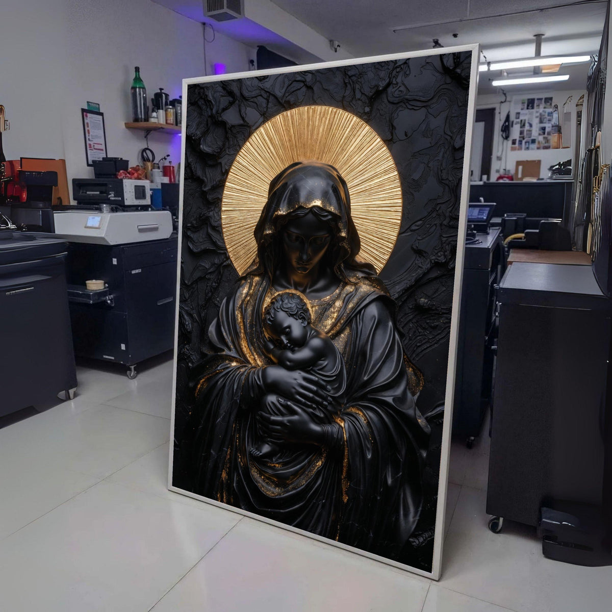 Black and Gold Madonna Canvas, Religious Wall Art, Modern Virgin Mary and Baby Jesus, Elegant wall decoration, canvas print, wall art