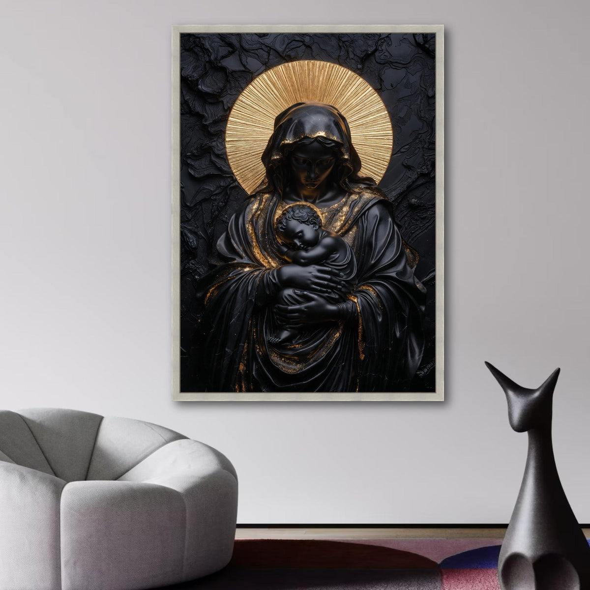 Black and Gold Madonna Canvas, Religious Wall Art, Modern Virgin Mary and Baby Jesus, Elegant wall decoration, canvas print, wall art