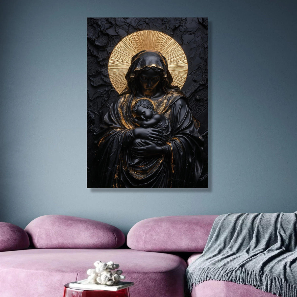 Black and Gold Madonna Canvas, Religious Wall Art, Modern Virgin Mary and Baby Jesus, Elegant wall decoration, canvas print, wall art