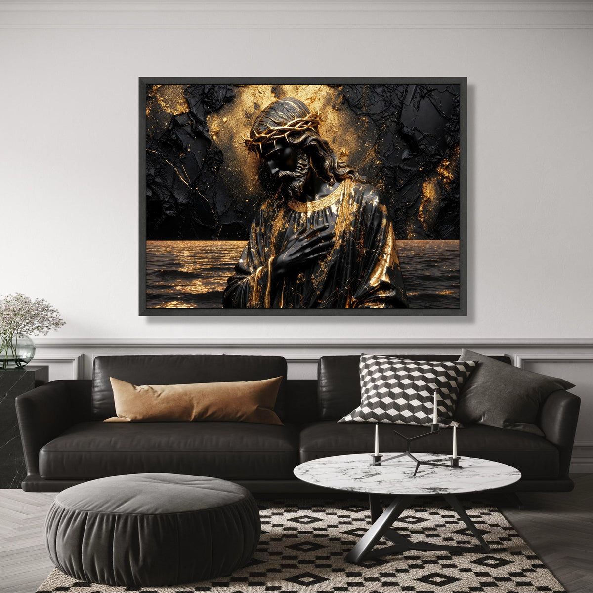 Modern Black and Gold Jesus Canvas Wall Art, Religious Christian Decor, Spiritual Statue Painting, wall decoration, canvas print, wall art