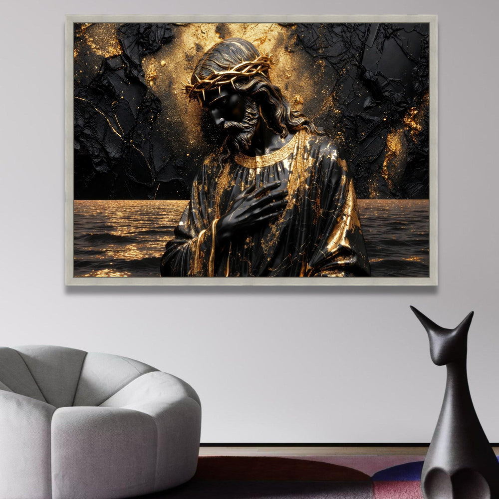 Modern Black and Gold Jesus Canvas Wall Art, Religious Christian Decor, Spiritual Statue Painting, wall decoration, canvas print, wall art
