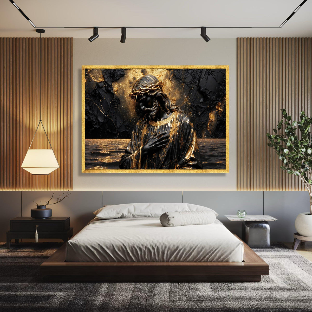 Modern Black and Gold Jesus Canvas Wall Art, Religious Christian Decor, Spiritual Statue Painting, wall decoration, canvas print, wall art