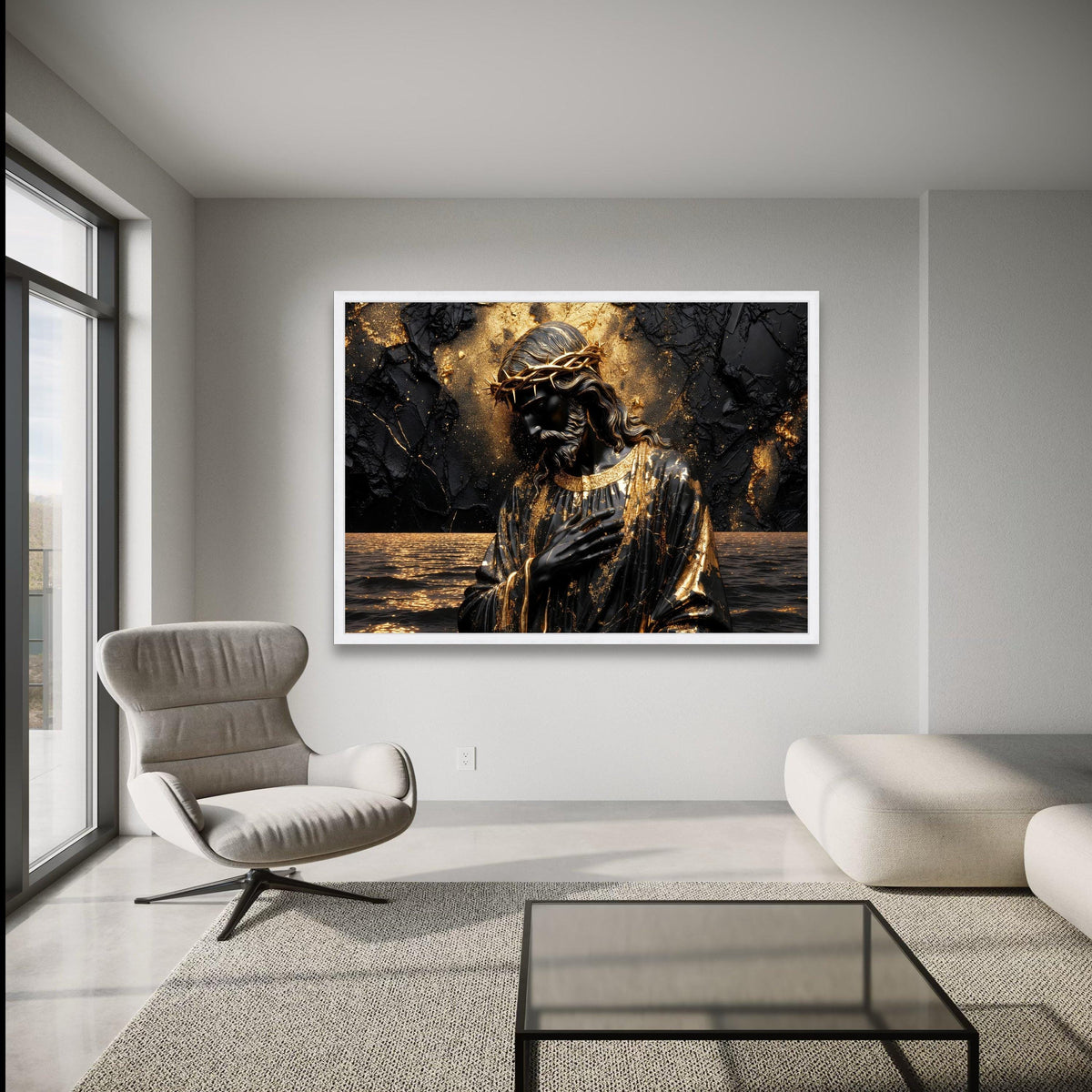 Modern Black and Gold Jesus Canvas Wall Art, Religious Christian Decor, Spiritual Statue Painting, wall decoration, canvas print, wall art