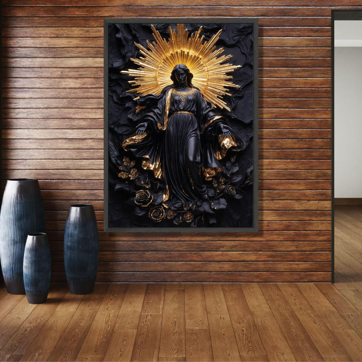 Elegant Black and Gold Saint Statue Canvas, Religious Wall Art, Modern Spiritual Decor, Halo wall decoration, canvas print, wall art