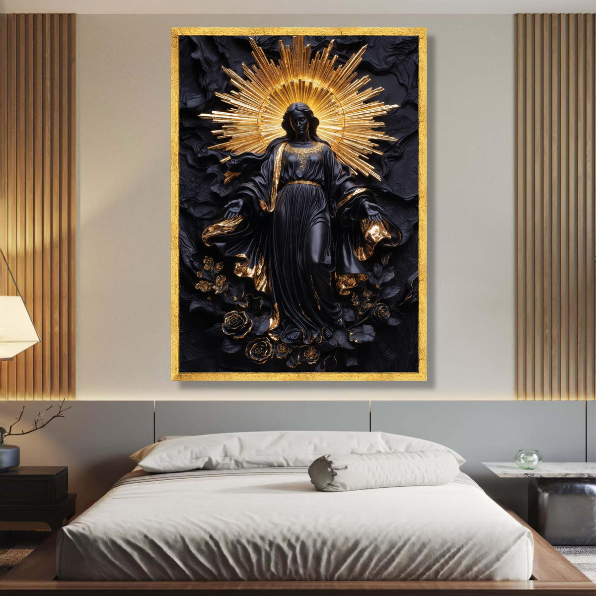 Elegant Black and Gold Saint Statue Canvas, Religious Wall Art, Modern Spiritual Decor, Halo wall decoration, canvas print, wall art