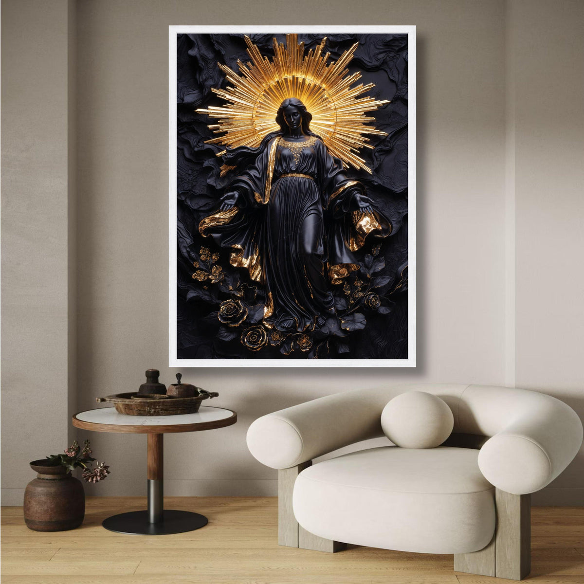 Elegant Black and Gold Saint Statue Canvas, Religious Wall Art, Modern Spiritual Decor, Halo wall decoration, canvas print, wall art