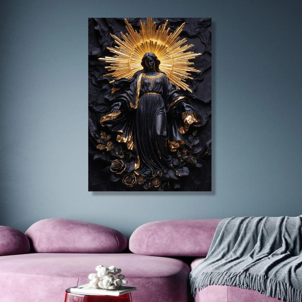 Elegant Black and Gold Saint Statue Canvas, Religious Wall Art, Modern Spiritual Decor, Halo wall decoration, canvas print, wall art