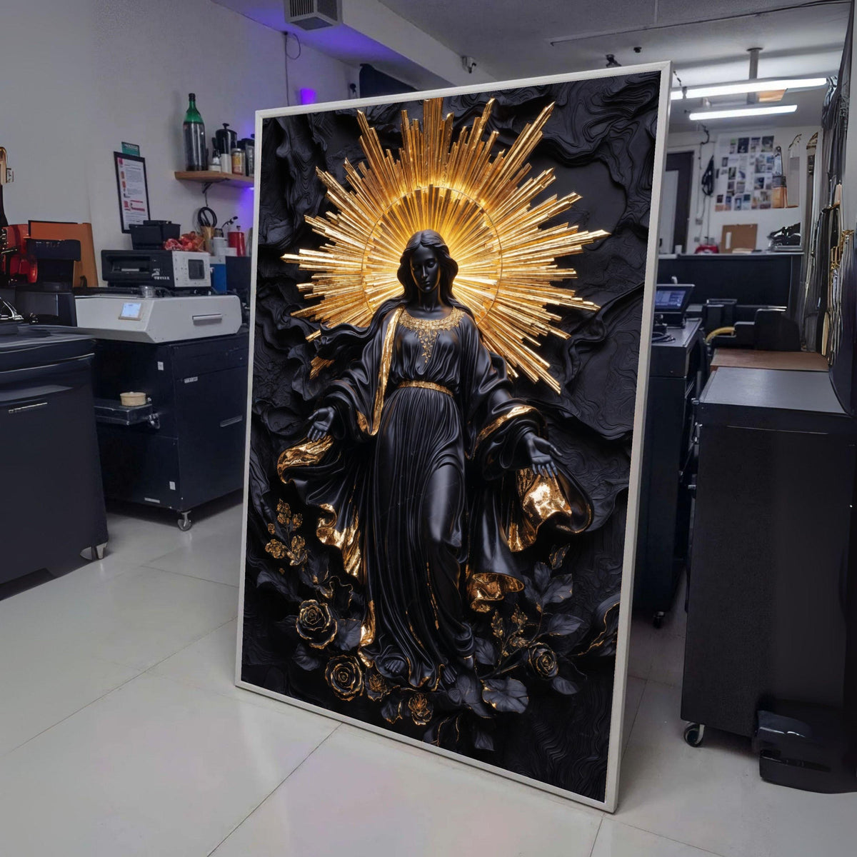 Elegant Black and Gold Saint Statue Canvas, Religious Wall Art, Modern Spiritual Decor, Halo wall decoration, canvas print, wall art