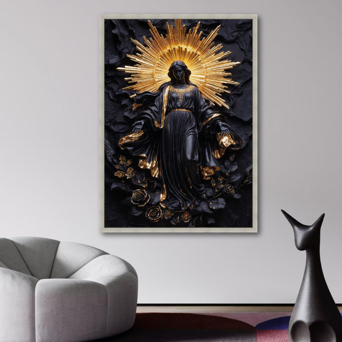 Elegant Black and Gold Saint Statue Canvas, Religious Wall Art, Modern Spiritual Decor, Halo wall decoration, canvas print, wall art