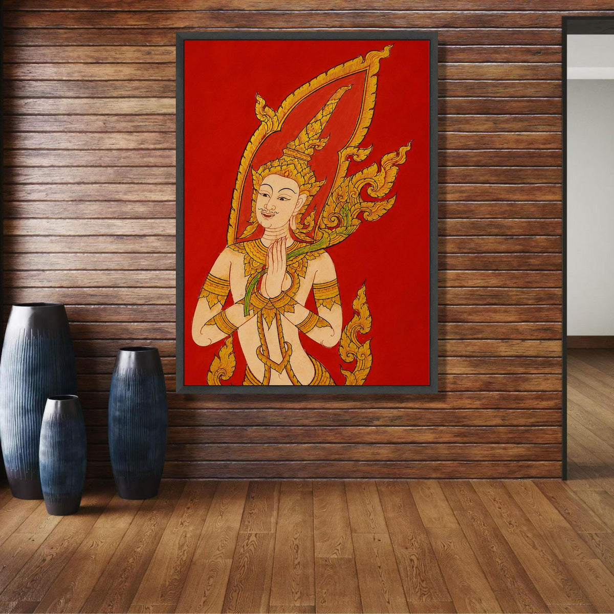 Traditional Thai Angelic Figure, Golden Hindu Art Canvas, Spiritual Wall Art, Red Background wall decoration, canvas print, wall art
