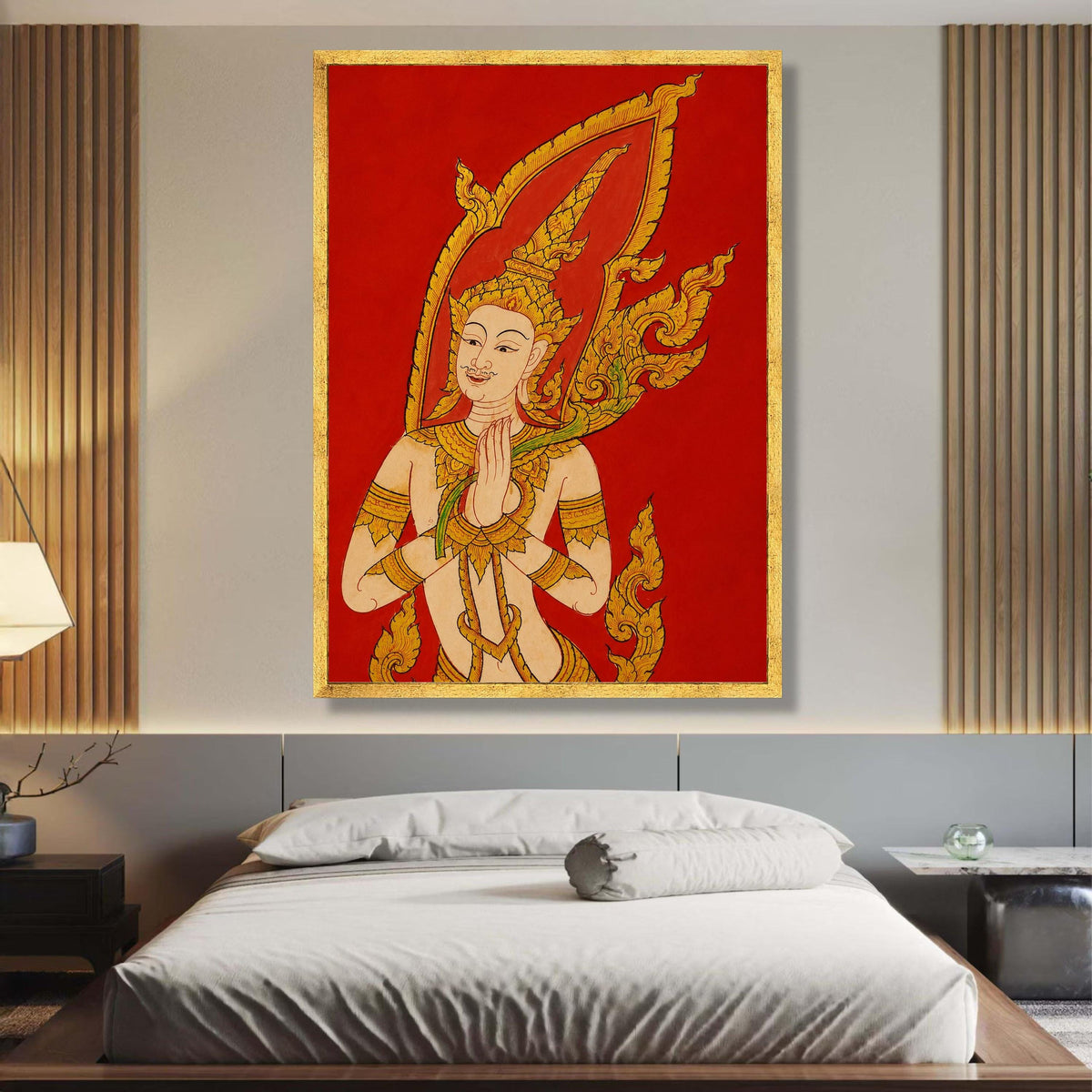Traditional Thai Angelic Figure, Golden Hindu Art Canvas, Spiritual Wall Art, Red Background wall decoration, canvas print, wall art