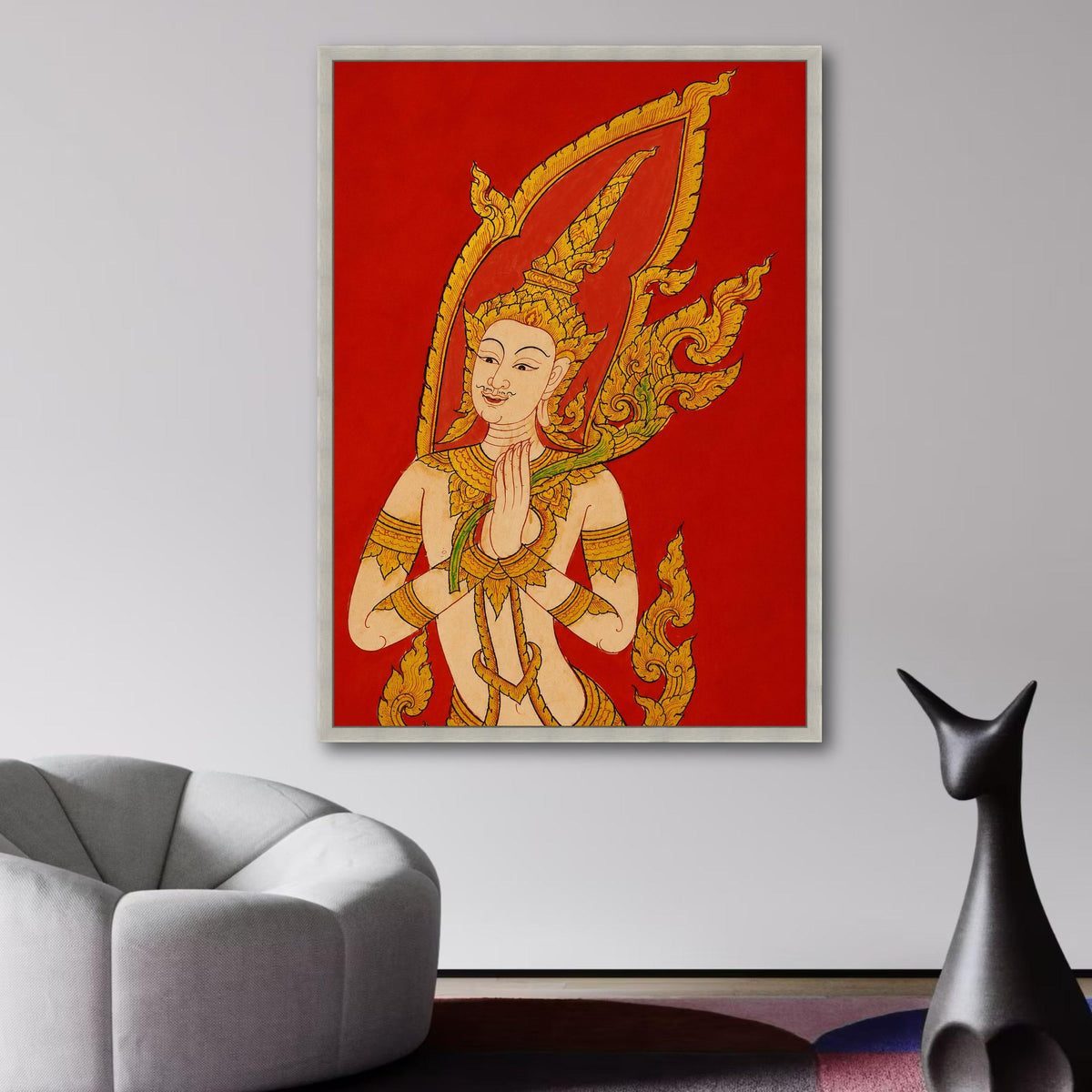 Traditional Thai Angelic Figure, Golden Hindu Art Canvas, Spiritual Wall Art, Red Background wall decoration, canvas print, wall art