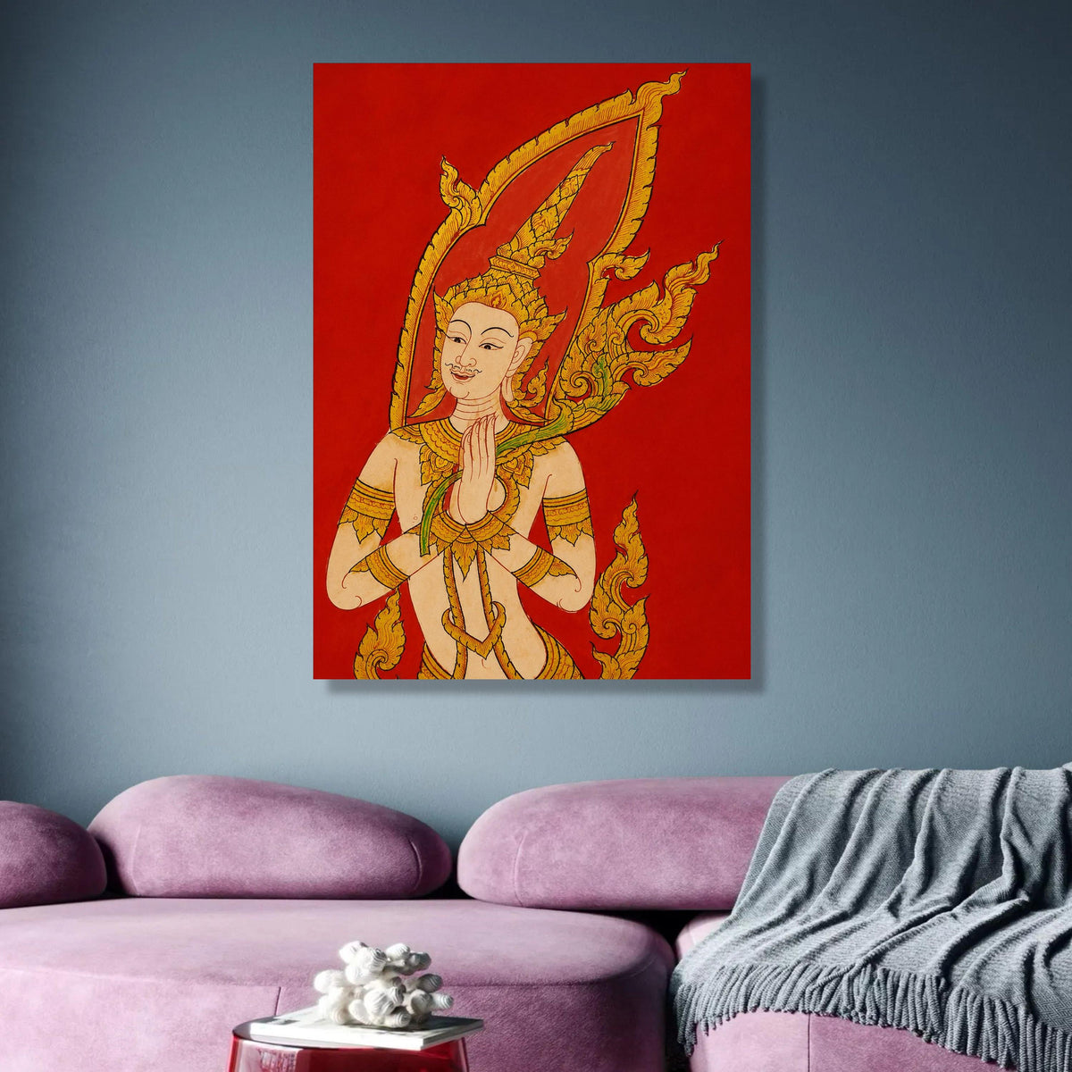 Traditional Thai Angelic Figure, Golden Hindu Art Canvas, Spiritual Wall Art, Red Background wall decoration, canvas print, wall art