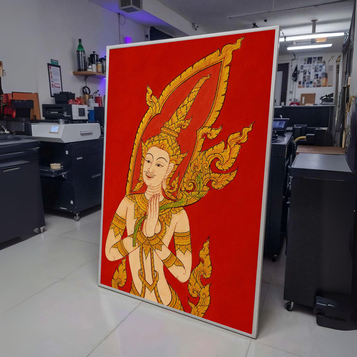 Traditional Thai Angelic Figure, Golden Hindu Art Canvas, Spiritual Wall Art, Red Background wall decoration, canvas print, wall art