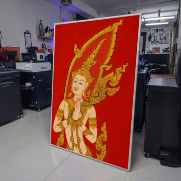 Traditional Thai Angelic Figure, Golden Hindu Art Canvas, Spiritual Wall Art, Red Background wall decoration, canvas print, wall art