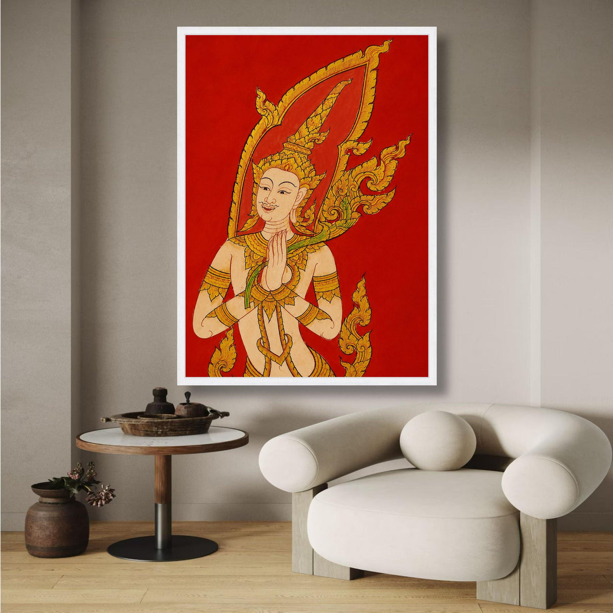 Traditional Thai Angelic Figure, Golden Hindu Art Canvas, Spiritual Wall Art, Red Background wall decoration, canvas print, wall art