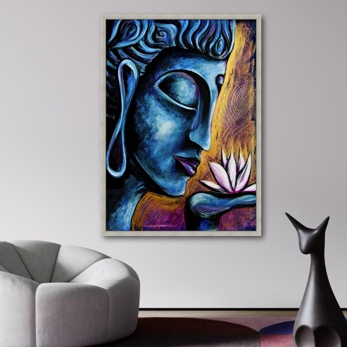 Meditative Blue Buddha Canvas, Spiritual Wall Art, Lotus Flower Painting, Zen Home Decor, Peaceful wall decoration, canvas print, wall art