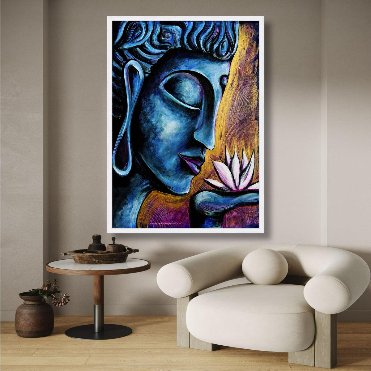 Meditative Blue Buddha Canvas, Spiritual Wall Art, Lotus Flower Painting, Zen Home Decor, Peaceful wall decoration, canvas print, wall art