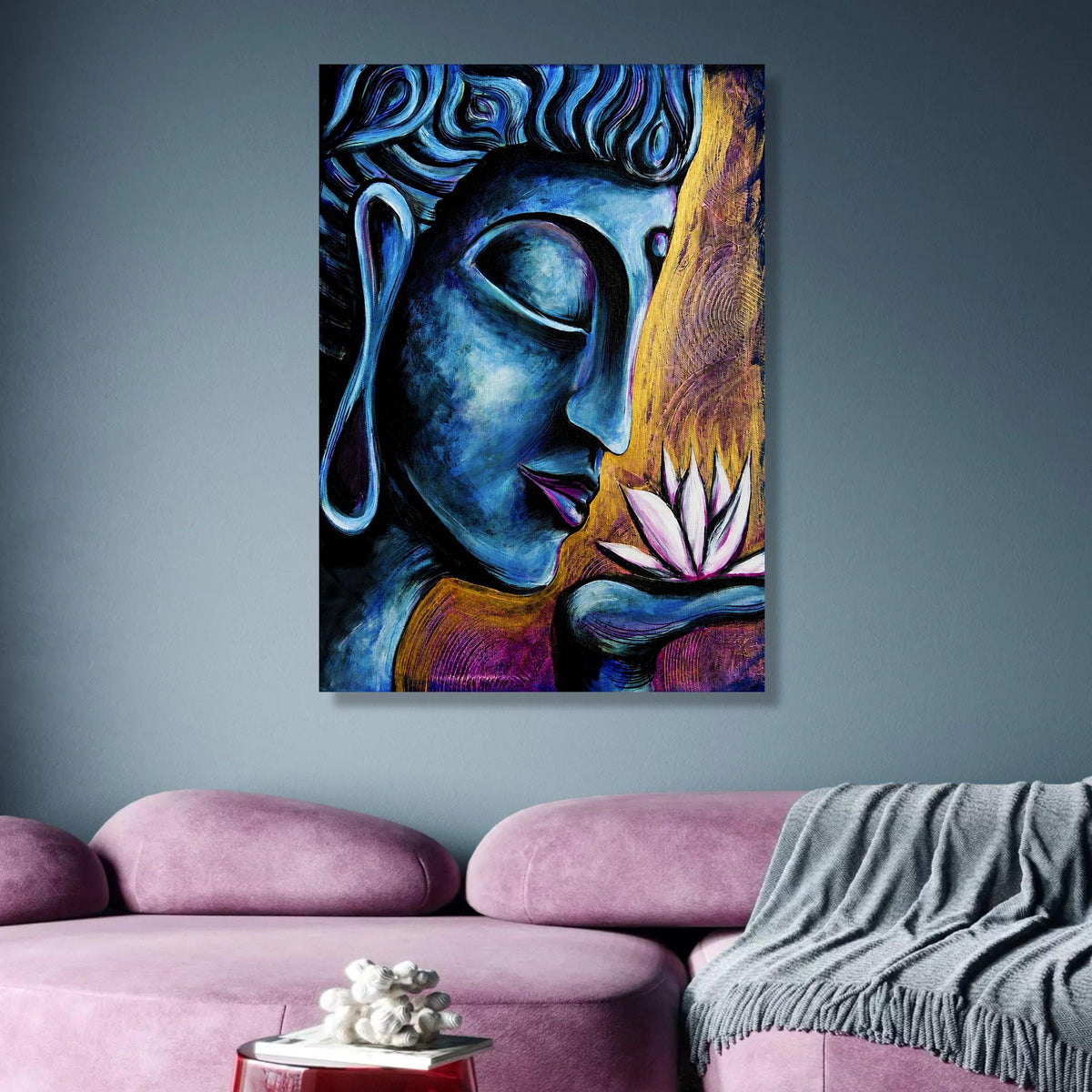 Meditative Blue Buddha Canvas, Spiritual Wall Art, Lotus Flower Painting, Zen Home Decor, Peaceful wall decoration, canvas print, wall art