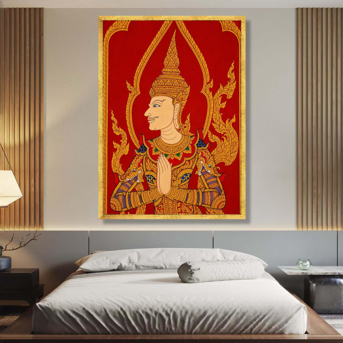 Traditional Thai Angel Canvas Wall Art, Golden Mythical Figure Painting, Asian Cultural Decor, Red wall decoration, canvas print, wall art