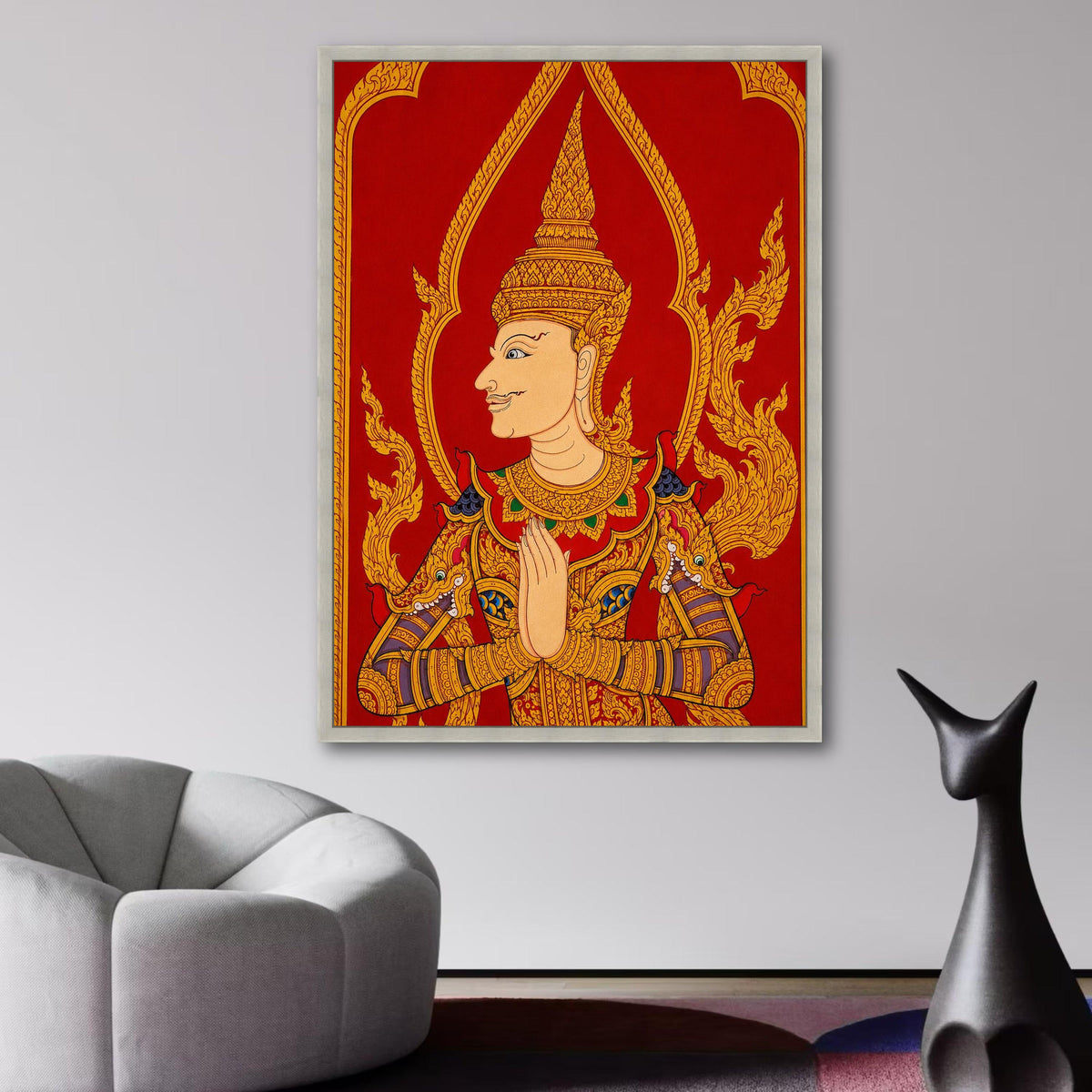 Traditional Thai Angel Canvas Wall Art, Golden Mythical Figure Painting, Asian Cultural Decor, Red wall decoration, canvas print, wall art