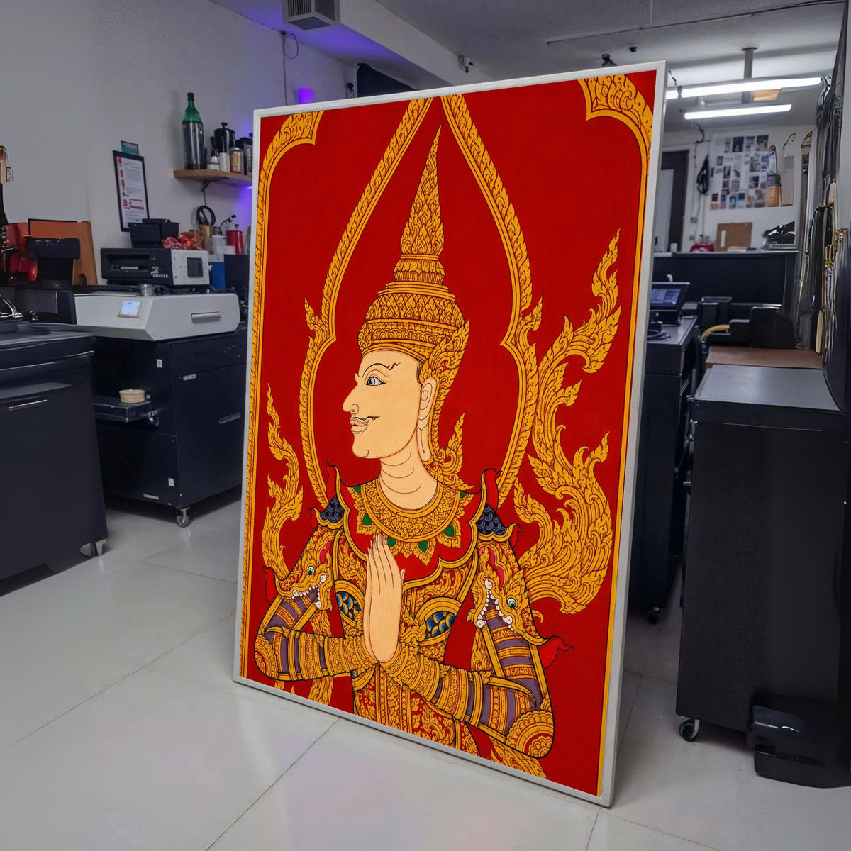 Traditional Thai Angel Canvas Wall Art, Golden Mythical Figure Painting, Asian Cultural Decor, Red wall decoration, canvas print, wall art