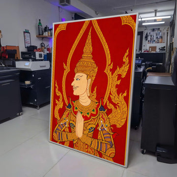 Traditional Thai Angel Canvas Wall Art, Golden Mythical Figure Painting, Asian Cultural Decor, Red wall decoration, canvas print, wall art