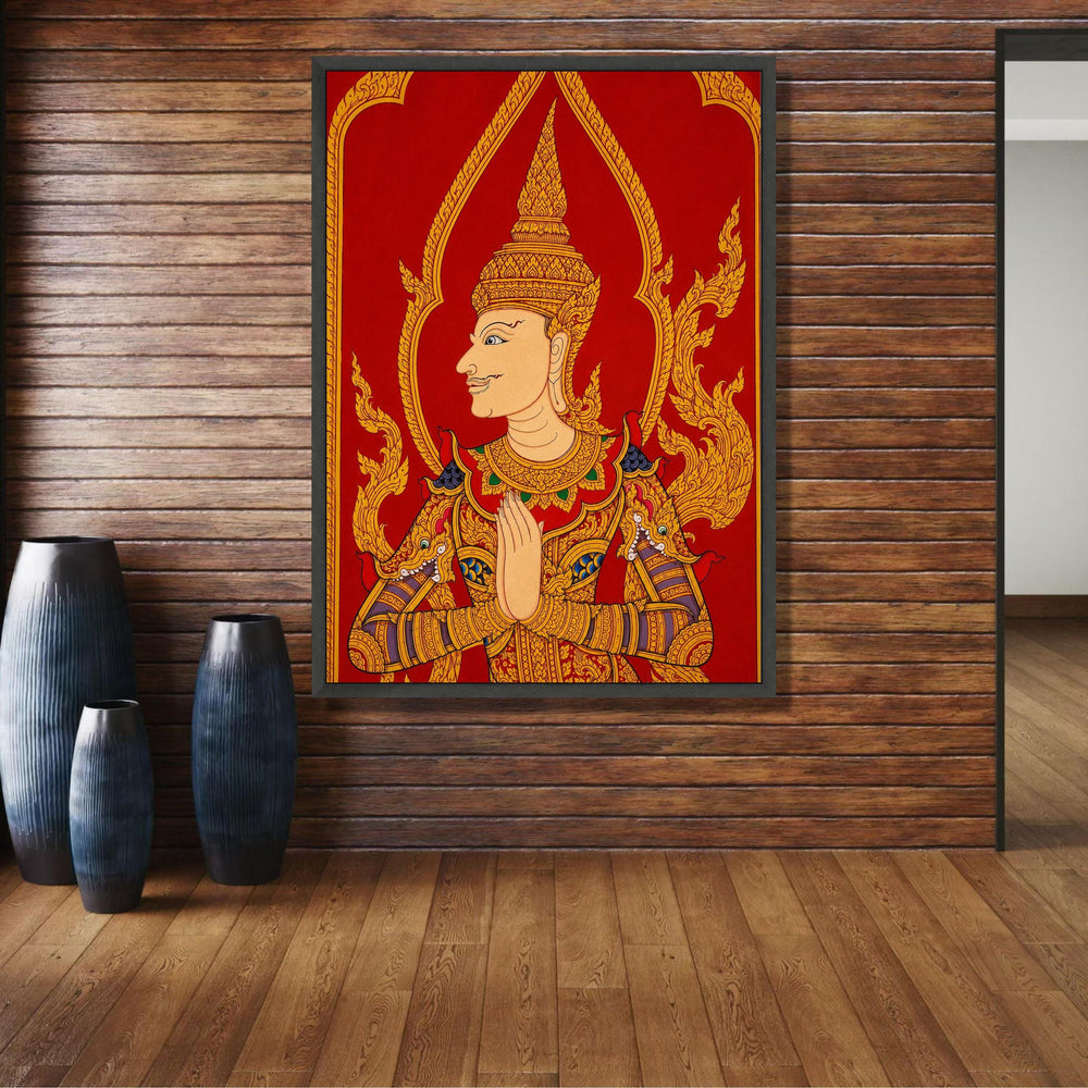 Traditional Thai Angel Canvas Wall Art, Golden Mythical Figure Painting, Asian Cultural Decor, Red wall decoration, canvas print, wall art