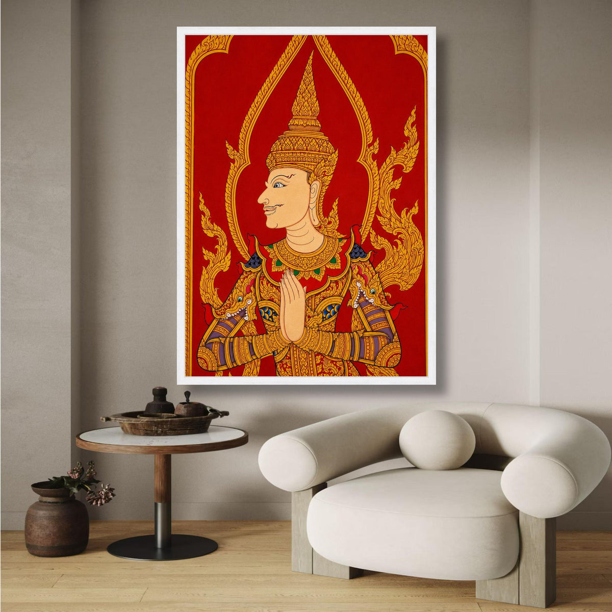 Traditional Thai Angel Canvas Wall Art, Golden Mythical Figure Painting, Asian Cultural Decor, Red wall decoration, canvas print, wall art