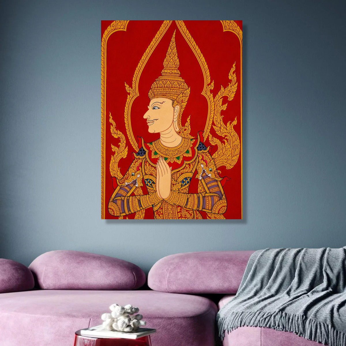 Traditional Thai Angel Canvas Wall Art, Golden Mythical Figure Painting, Asian Cultural Decor, Red wall decoration, canvas print, wall art