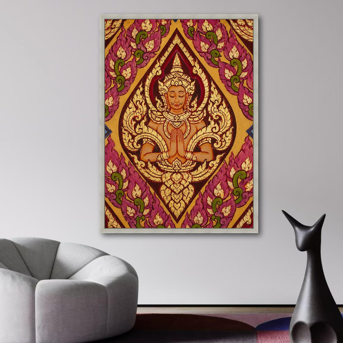 Thai Traditional Angel Painting Canvas, Spiritual Wall Art, Asian Culture Decor, Gold and Purple wall decoration, canvas print, wall art