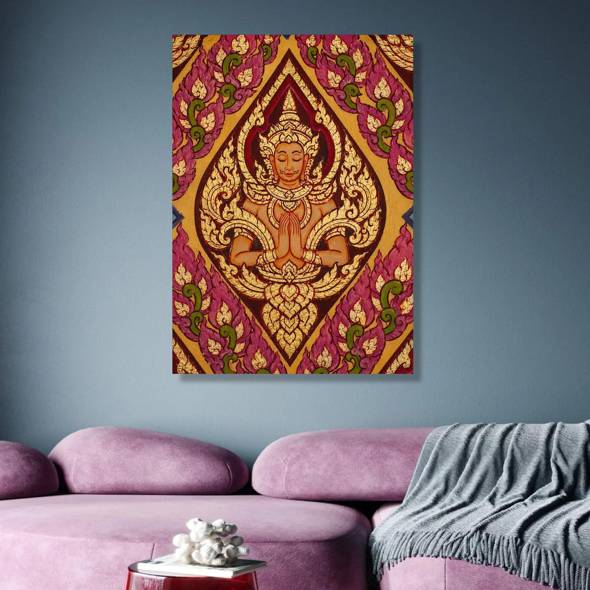 Thai Traditional Angel Painting Canvas, Spiritual Wall Art, Asian Culture Decor, Gold and Purple wall decoration, canvas print, wall art
