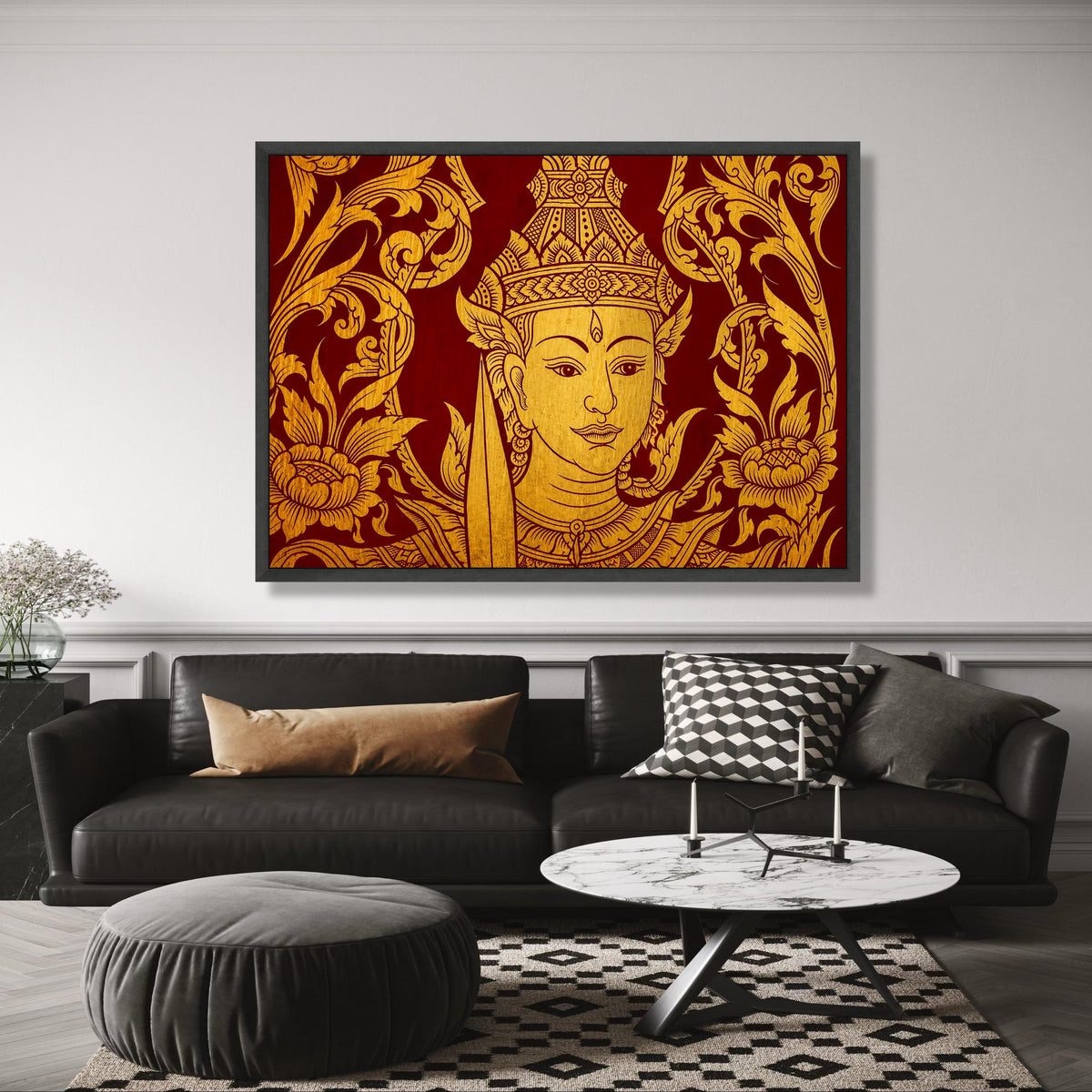 Golden Thai Angel Canvas Art, Traditional Asian Wall Decor, Intricate Floral Design, Red and Gold wall decoration, canvas print, wall art