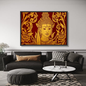 Golden Thai Angel Canvas Art, Traditional Asian Wall Decor, Intricate Floral Design, Red and Gold wall decoration, canvas print, wall art
