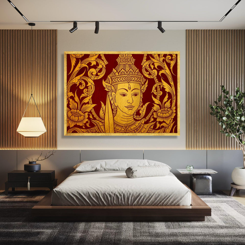 Golden Thai Angel Canvas Art, Traditional Asian Wall Decor, Intricate Floral Design, Red and Gold wall decoration, canvas print, wall art