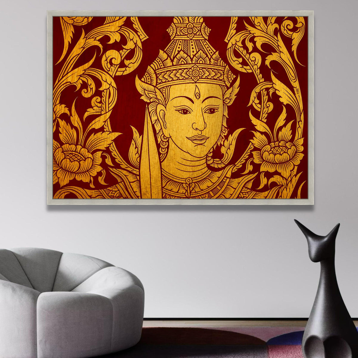 Golden Thai Angel Canvas Art, Traditional Asian Wall Decor, Intricate Floral Design, Red and Gold wall decoration, canvas print, wall art