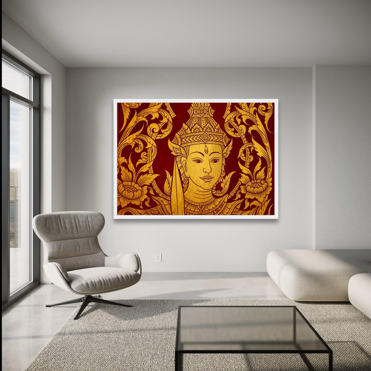 Golden Thai Angel Canvas Art, Traditional Asian Wall Decor, Intricate Floral Design, Red and Gold wall decoration, canvas print, wall art