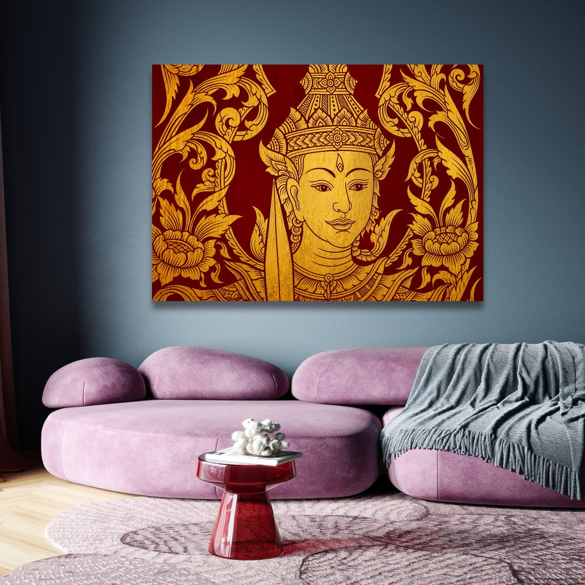 Golden Thai Angel Canvas Art, Traditional Asian Wall Decor, Intricate Floral Design, Red and Gold wall decoration, canvas print, wall art