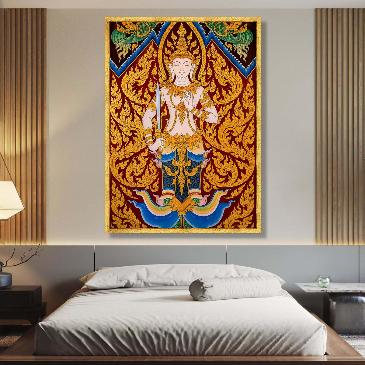 Traditional Thai Angel Canvas Wall Art, Golden Deity Illustration, Asian Religious Decor, Intricate wall decoration, canvas print, wall art
