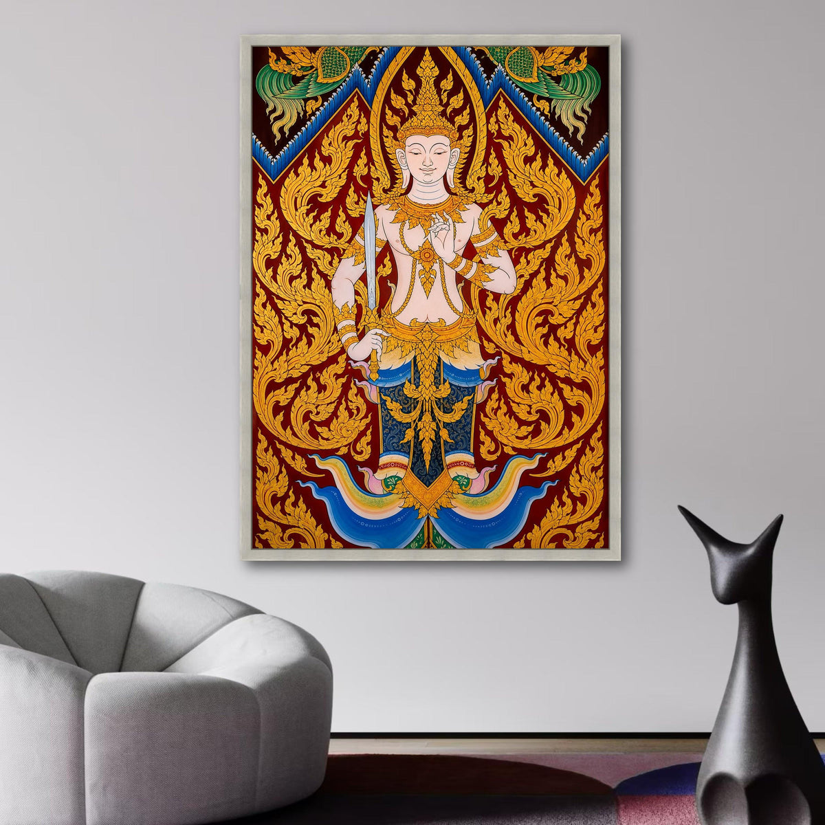 Traditional Thai Angel Canvas Wall Art, Golden Deity Illustration, Asian Religious Decor, Intricate wall decoration, canvas print, wall art