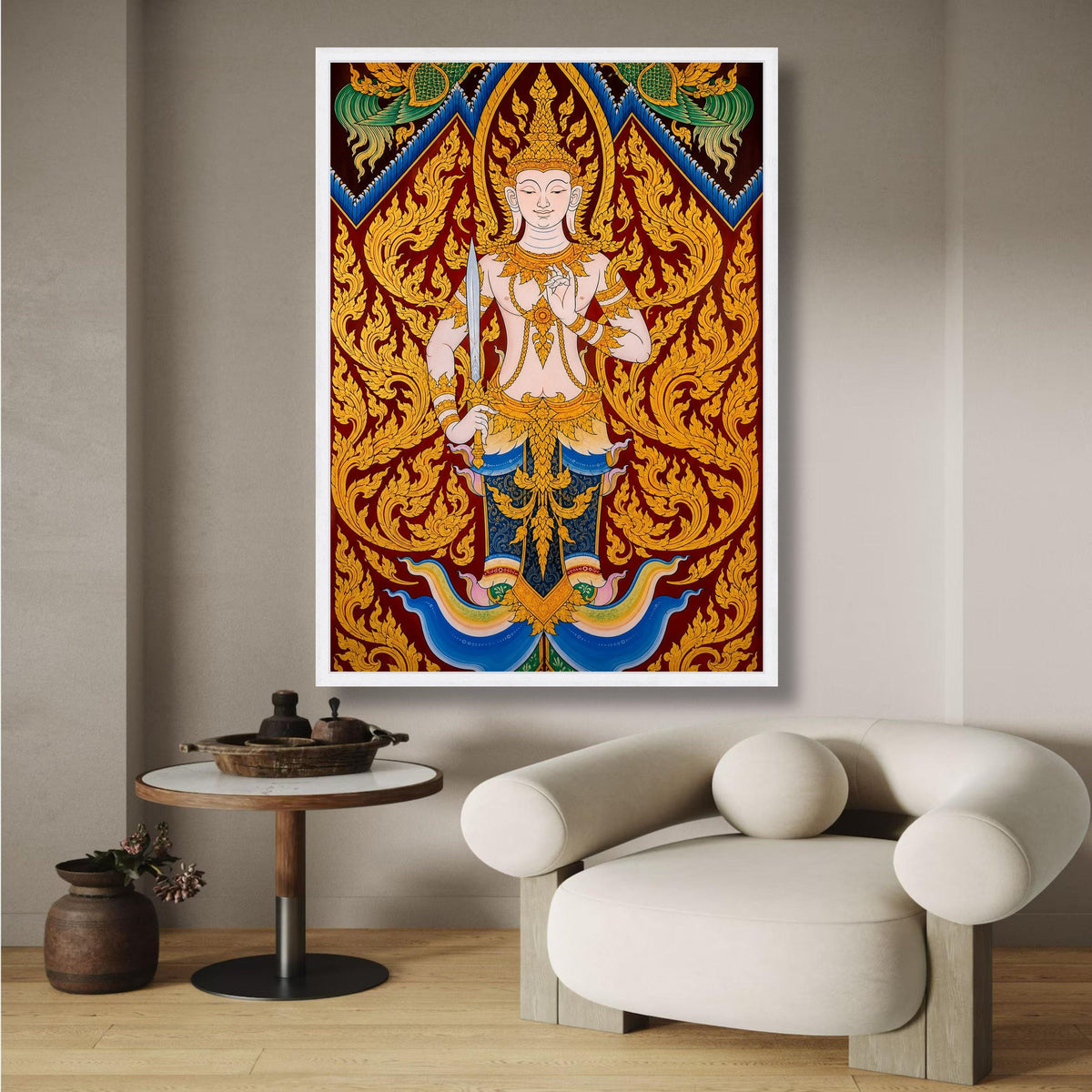 Traditional Thai Angel Canvas Wall Art, Golden Deity Illustration, Asian Religious Decor, Intricate wall decoration, canvas print, wall art