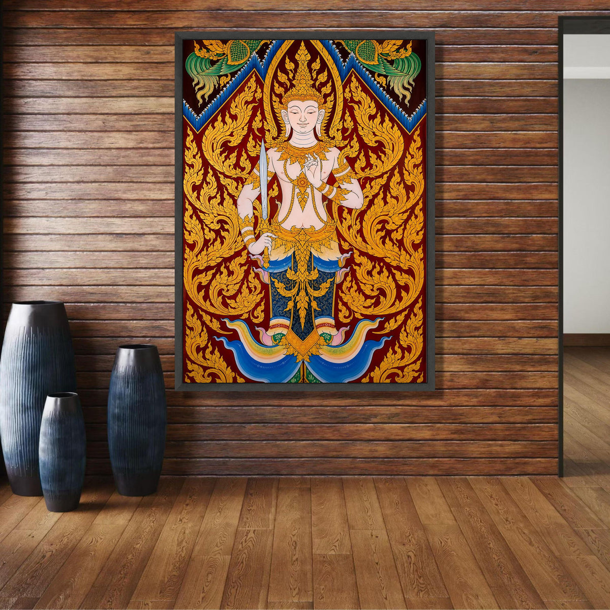 Traditional Thai Angel Canvas Wall Art, Golden Deity Illustration, Asian Religious Decor, Intricate wall decoration, canvas print, wall art