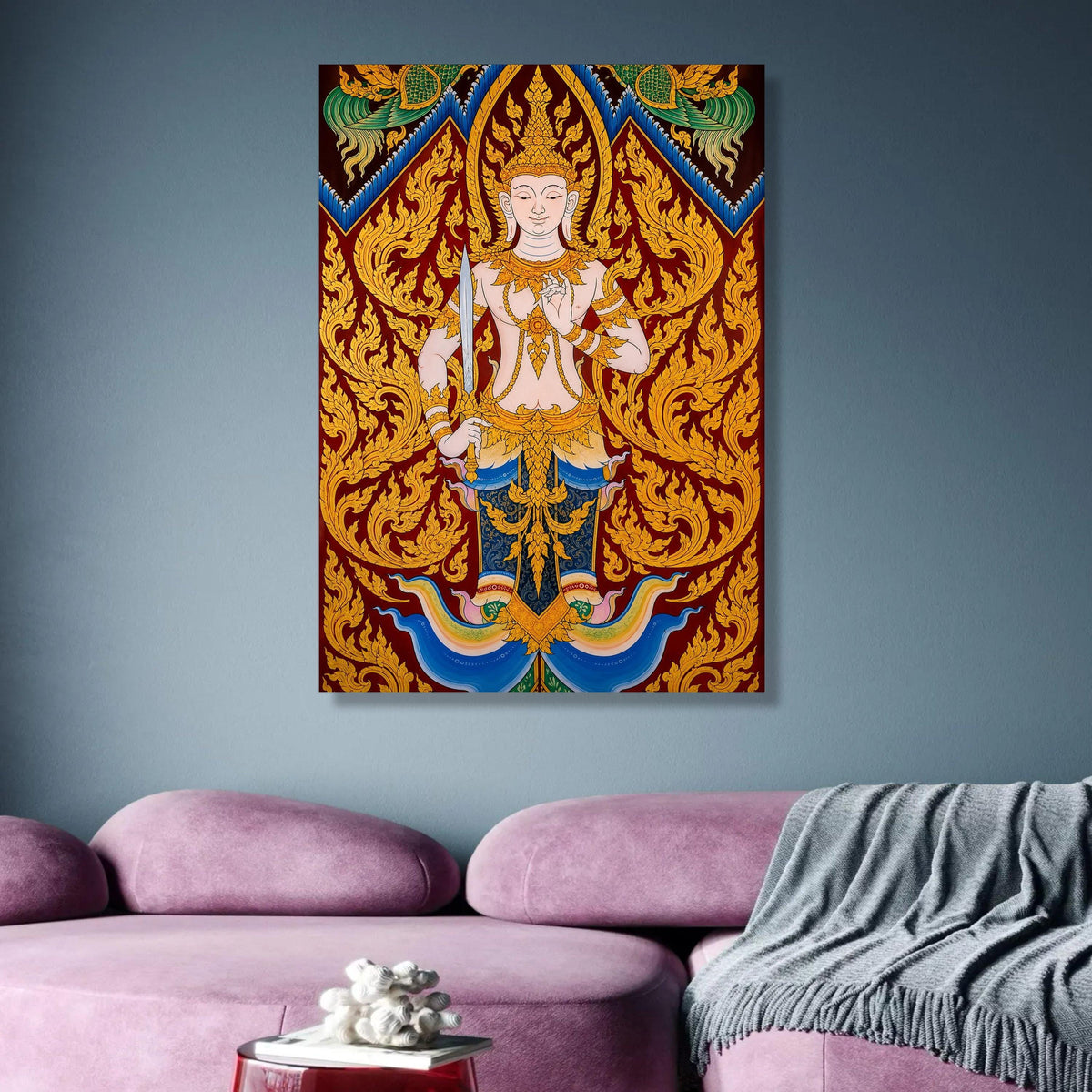 Traditional Thai Angel Canvas Wall Art, Golden Deity Illustration, Asian Religious Decor, Intricate wall decoration, canvas print, wall art