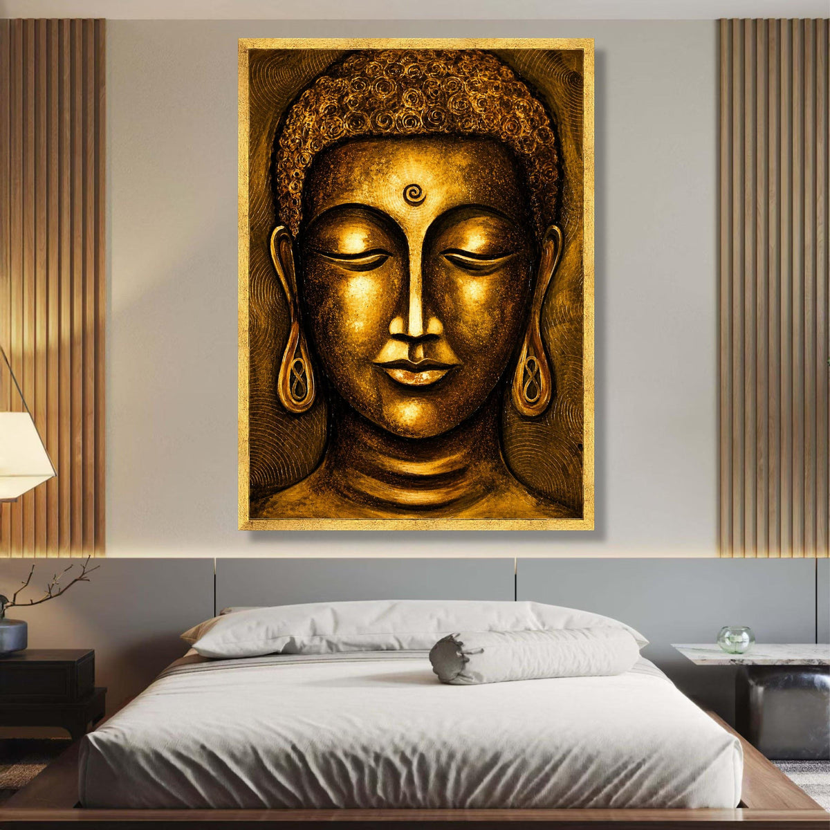 Serene Golden Buddha Face Canvas, Spiritual Wall Art, Meditative Home Decor, Zen Art Print, Asian wall decoration, canvas print, wall art