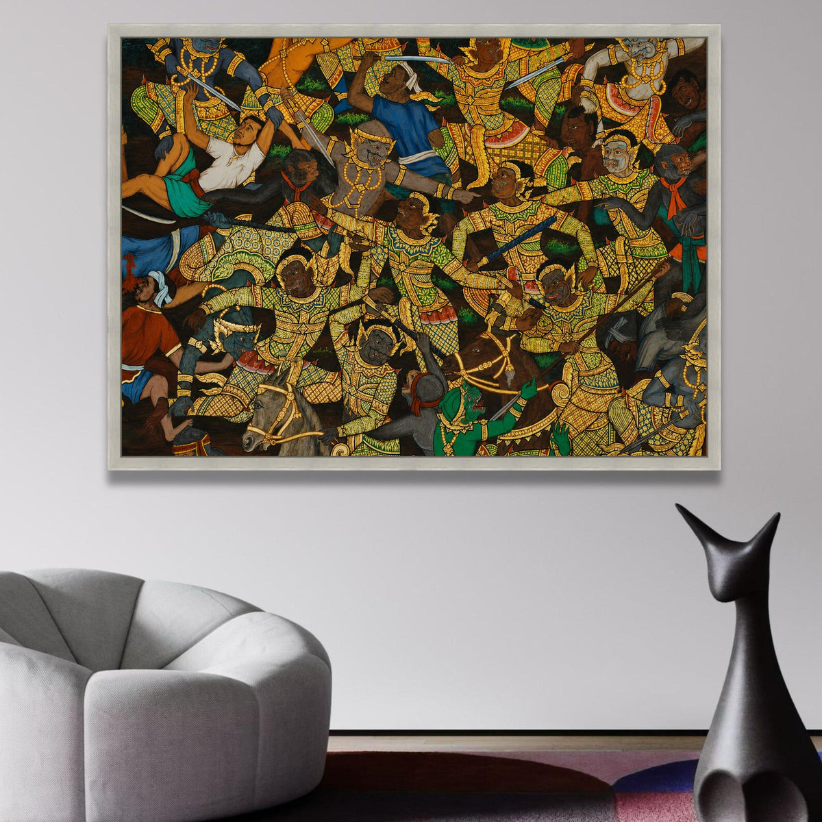 Traditional Thai Battle Scene Canvas, Asian Mythology Wall Art, Cultural Historical Painting, wall decoration, canvas print, wall art