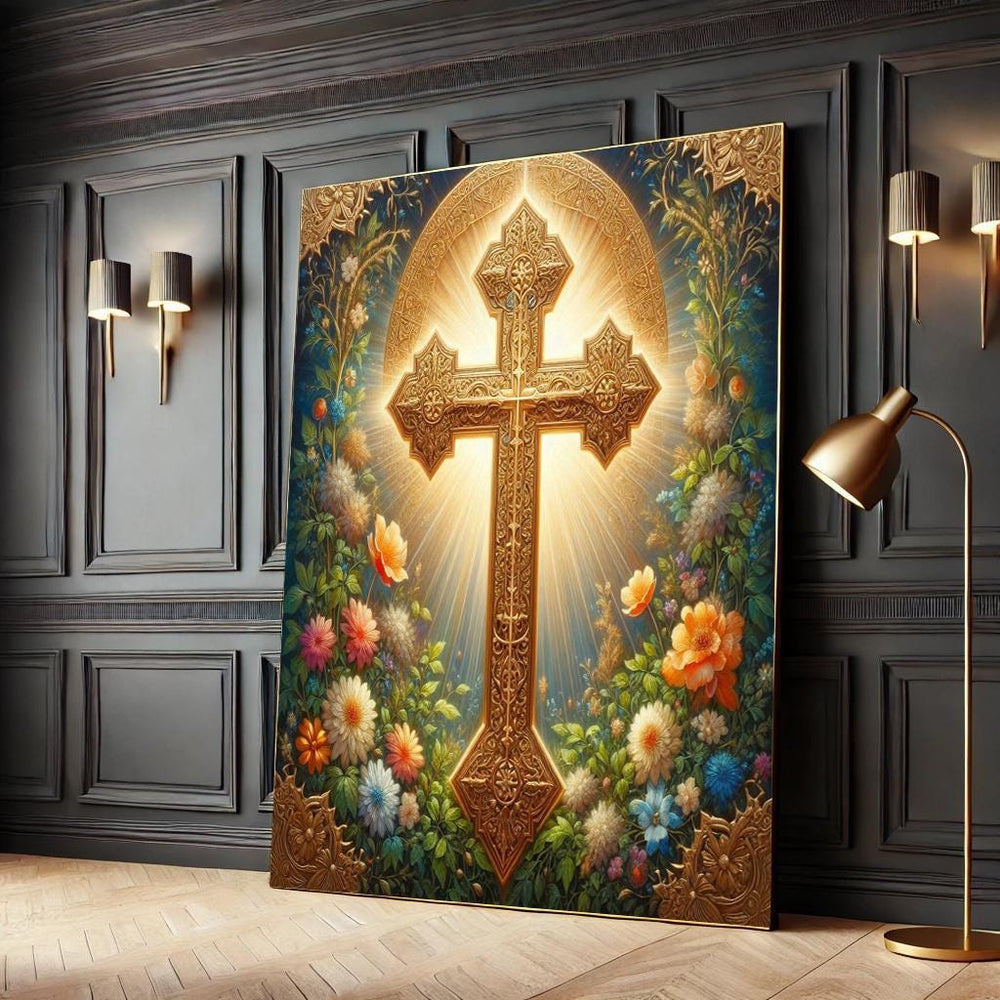 Floral Christian Cross Canvas – Gold Religious Wall Art