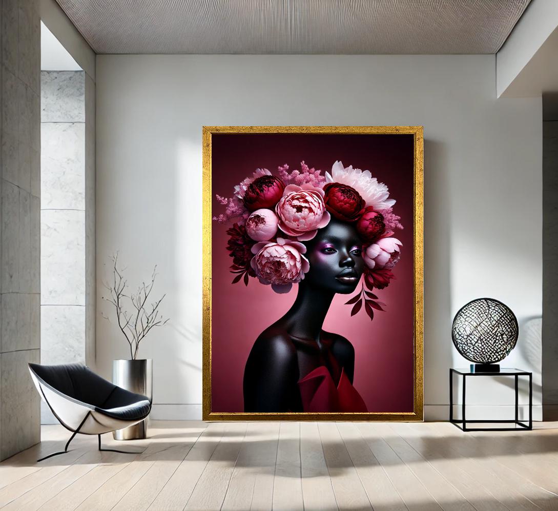 Romantic Floral Woman Canvas - Pink & Burgundy Tones, Elegant Wall Art