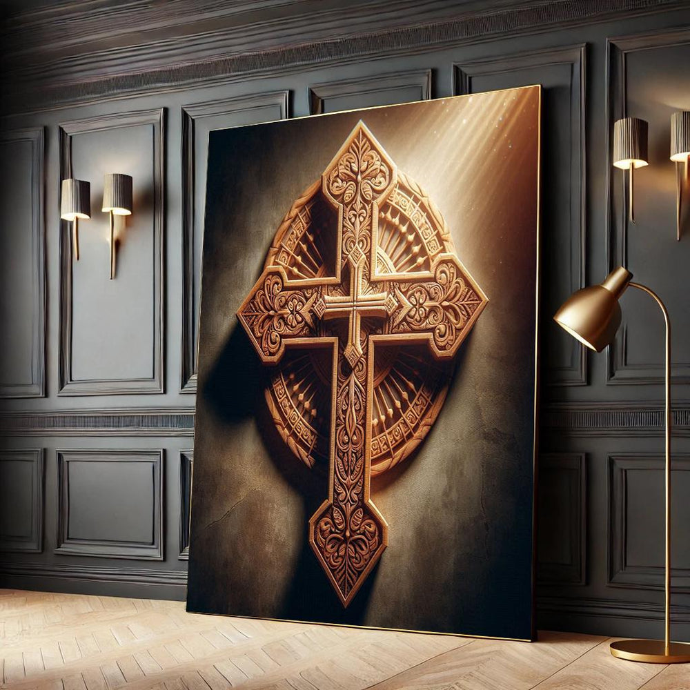 Floral Christian Cross Canvas Print – Gold Religious Decor