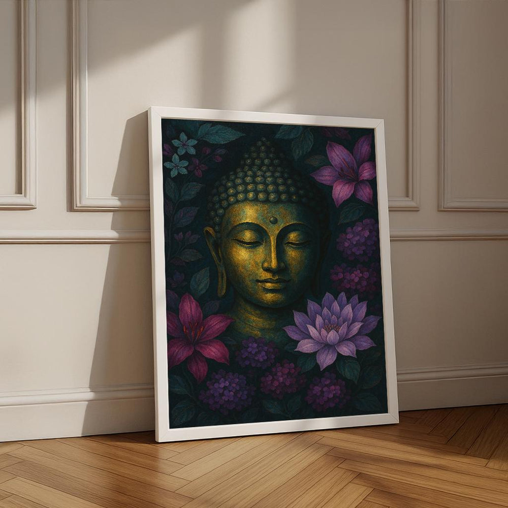 Golden Buddha Canvas Print, Floral Zen Meditation Wall Art
