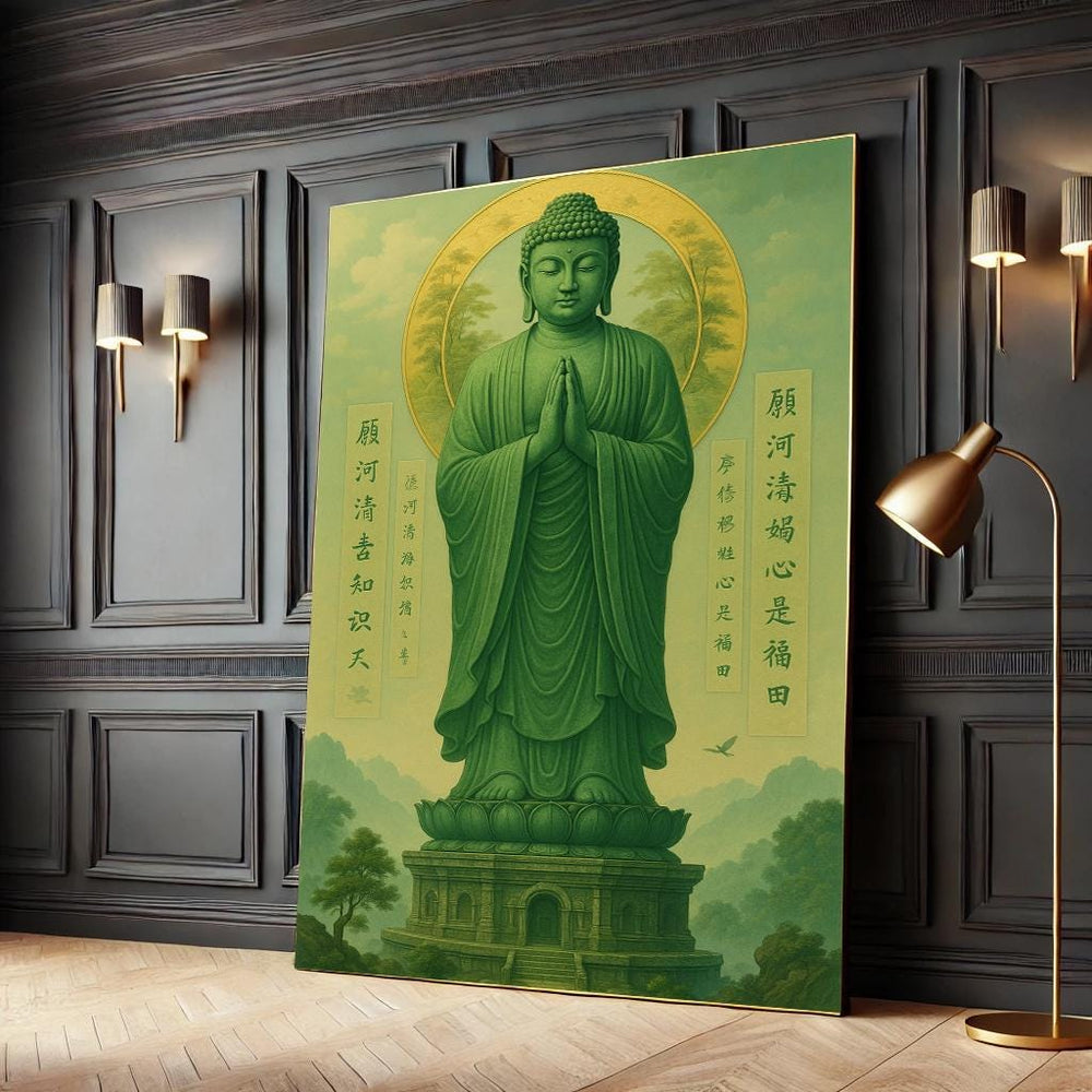 Green Buddha Canvas Print, Spiritual Asian Wall Art, Ready to Hang